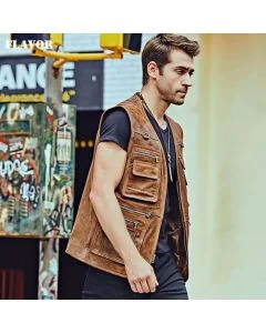 Mens Brown Leather Multi Pockets Retro Vest