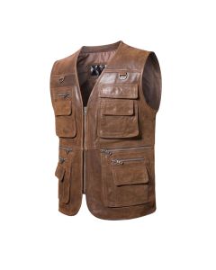 Mens Brown Leather Multi Pockets Retro Vest