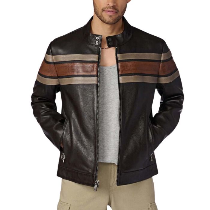 Classic Multi Strip Brown Leather Jacket