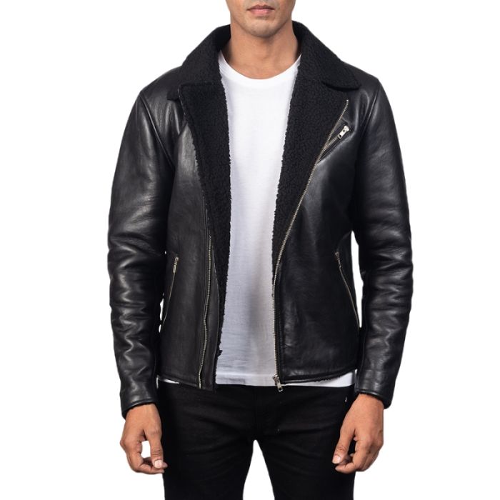 Mens Black Sheepskin Shearling Biker Leather Jacket