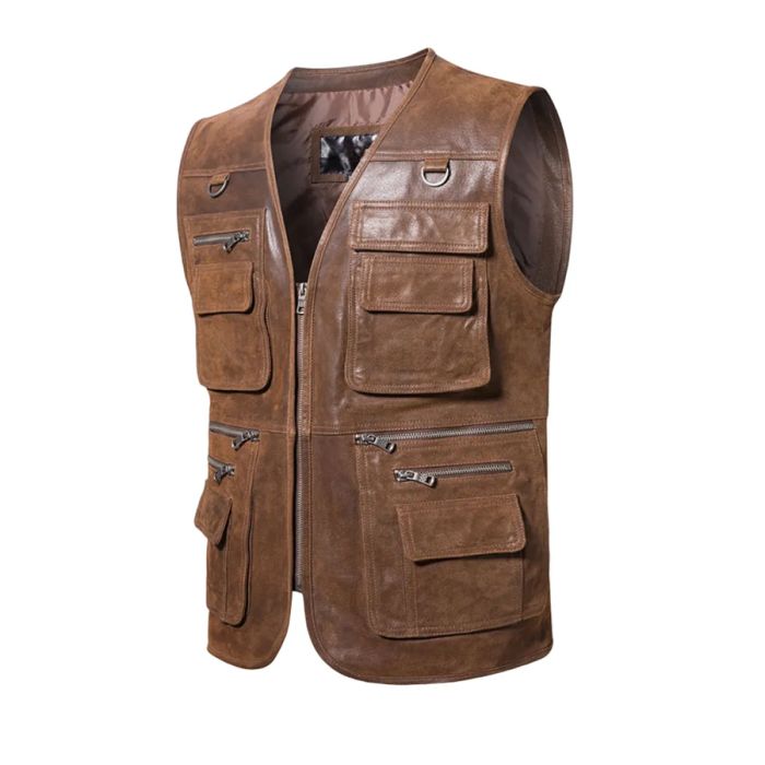 Mens Brown Leather Multi Pockets Retro Vest