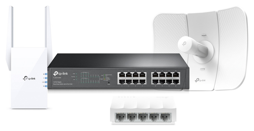 TP-Link range extender, PoE switch, outdoor CPE and desktop switch