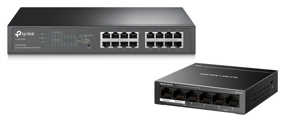 TP-Link TL-SG1016PE PoE switch and Mercusys MS106GP PoE switch